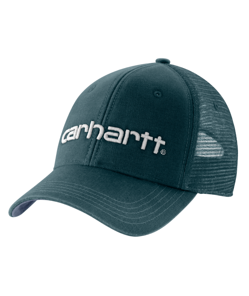 A Carhartt trucker-style baseball cap in a dark teal-green color, featuring a white embroidered Carhartt logo on the front panel and a matching green mesh back, set against a solid green background.