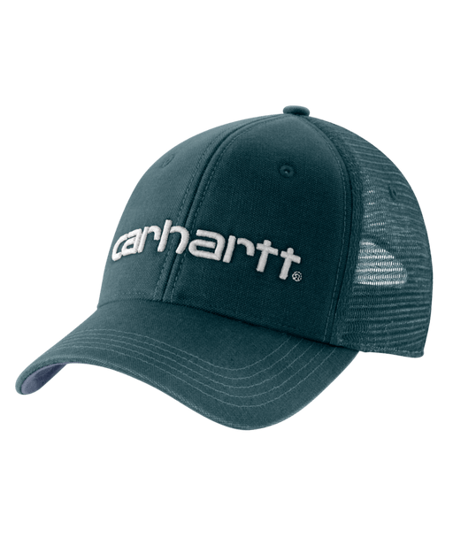 A Carhartt trucker-style baseball cap in a dark teal-green color, featuring a white embroidered Carhartt logo on the front panel and a matching green mesh back, set against a solid green background.