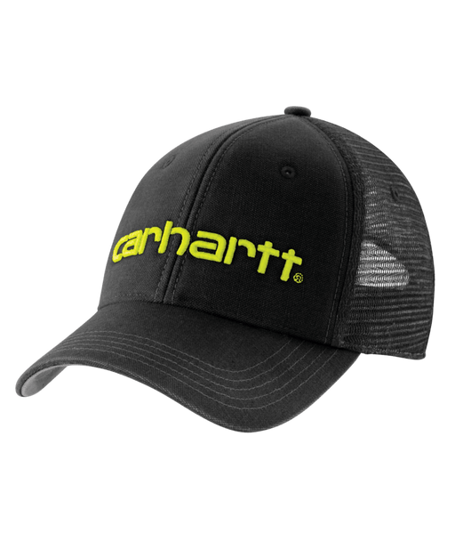 A black cap with a lime green Carhartt logo on a white background