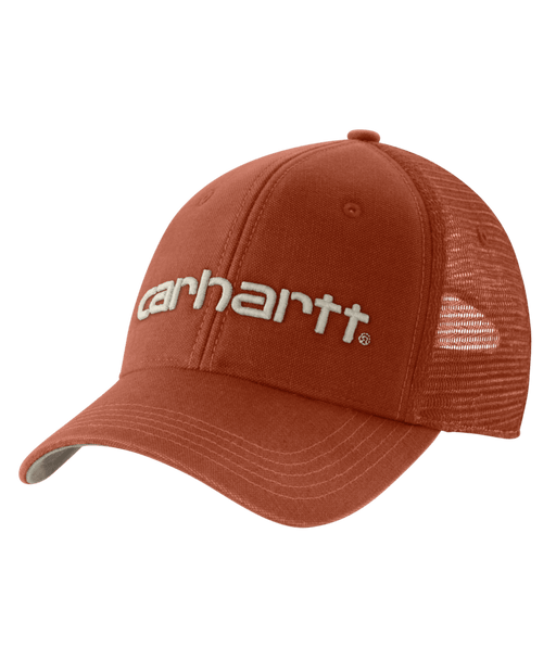 An red-orange cap with a white Carhartt logo on a white background
