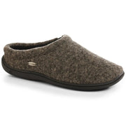 A light brown slipper with a black bottom on a white background