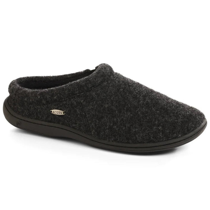 A black slipper with a black bottom on a white background