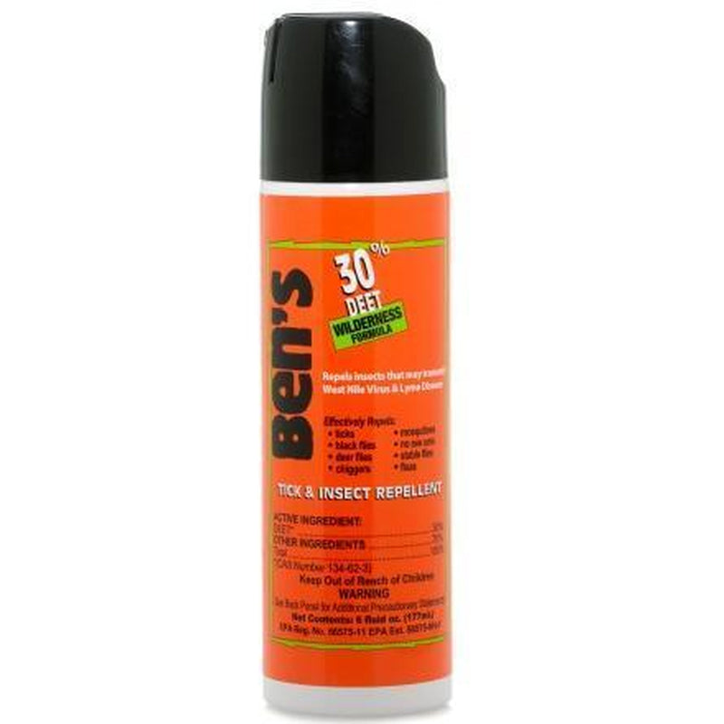 An orange spray bottle of insect repellent on a white background