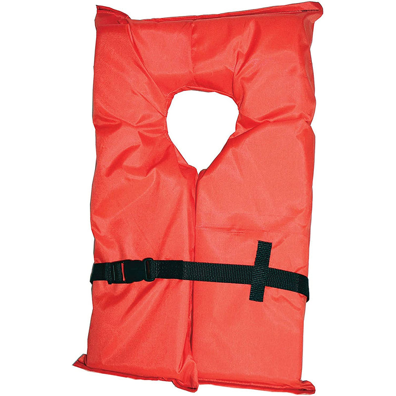 A red life jacket with a black strap on a white background