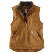 Carhartt brown colored sherpa lined vest against a white background. The vest has one pocket on the right side chest, as well as two pouch pockets towards the bottom. 