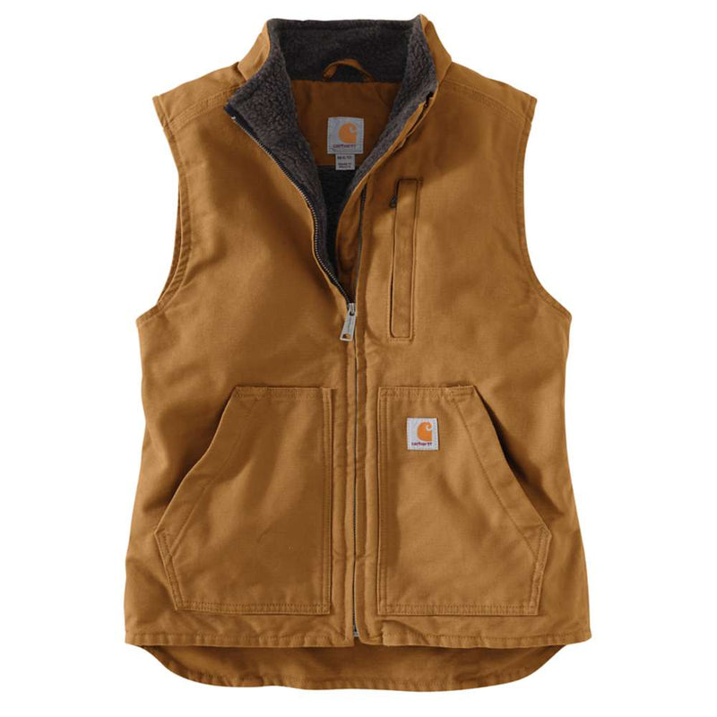 Carhartt brown colored sherpa lined vest against a white background. The vest has one pocket on the right side chest, as well as two pouch pockets towards the bottom. 