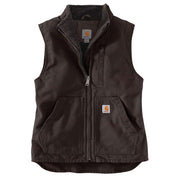 Dark brown sherpa lined vest against a white background. The vest features a zippered pocket on the chest, as well as two pouch pockets towards the bottom.