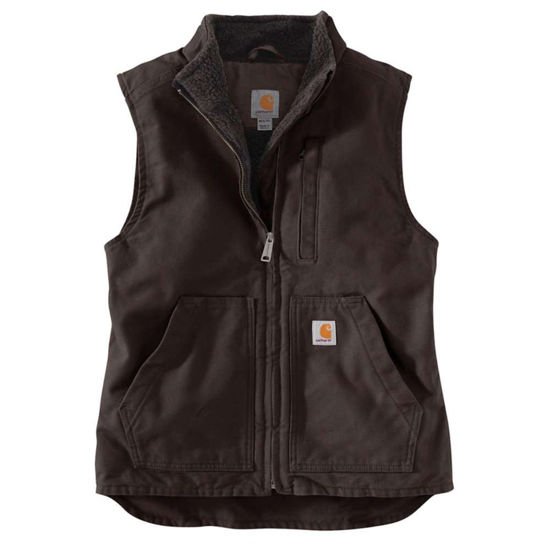 Dark brown sherpa lined vest against a white background. The vest features a zippered pocket on the chest, as well as two pouch pockets towards the bottom.