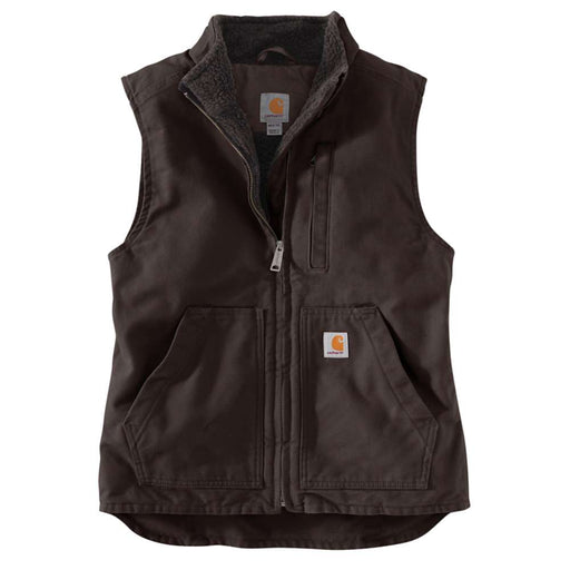 Dark brown sherpa lined vest against a white background. The vest features a zippered pocket on the chest, as well as two pouch pockets towards the bottom.
