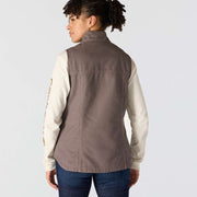Back view of a woman wearing a taupe colored sherpa lined vest against a white background. 