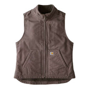 Taupe colored sherpa lined vest against a white background. The vest has one zipper pocket on the chest, as well as two pouch pockets towards the bottom.