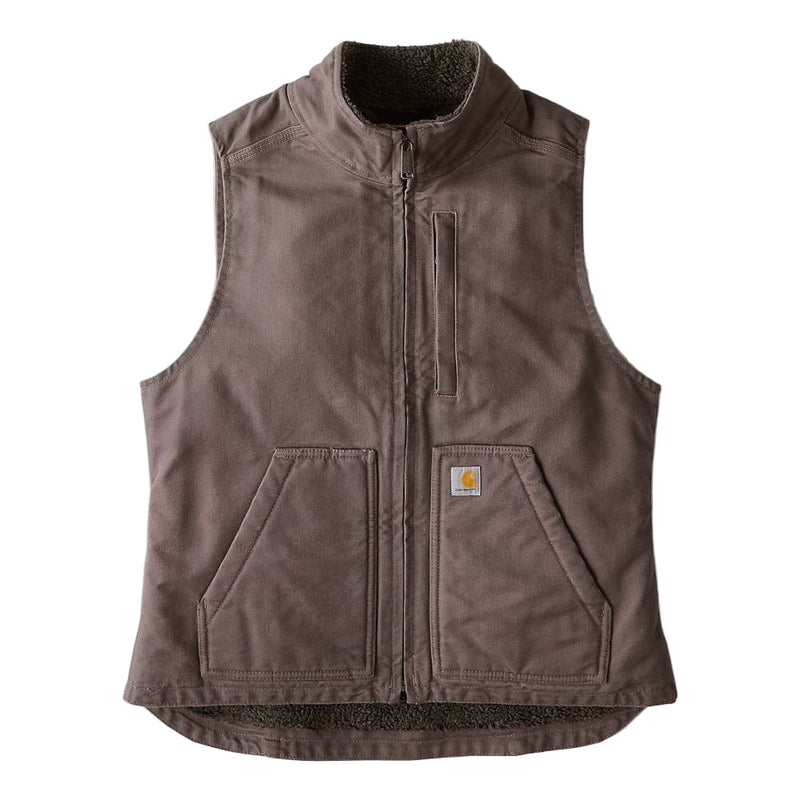 Taupe colored sherpa lined vest against a white background. The vest has one zipper pocket on the chest, as well as two pouch pockets towards the bottom.