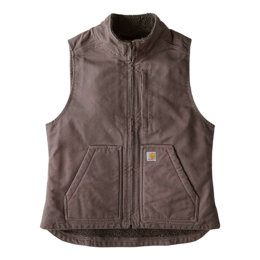 Taupe colored sherpa lined vest against a white background. The vest has one zipper pocket on the chest, as well as two pouch pockets towards the bottom.
