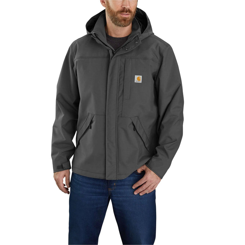 Man wearing a gray Carhartt jacket on a white background