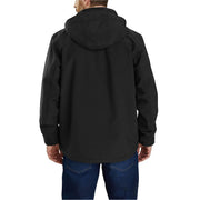 Person wearing a black jacket with a hood on a white background