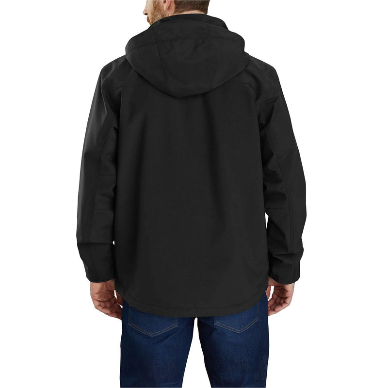 Person wearing a black jacket with a hood on a white background