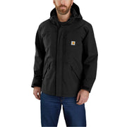 Man wearing a black Carhartt jacket on a white background