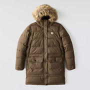 Tarmac brown colored parka with a fur lined hood against a white background.