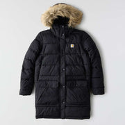 Black colored parka with a fur lined hood against a white background. A Carhartt logo is visible on the right side of the chest.