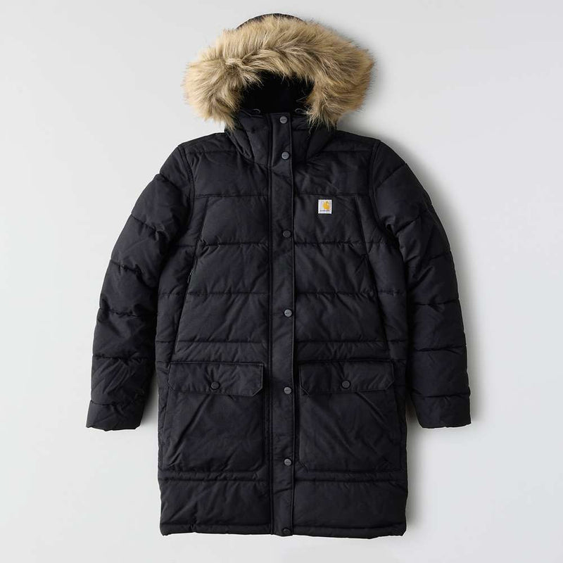 Black colored parka with a fur lined hood against a white background. A Carhartt logo is visible on the right side of the chest.