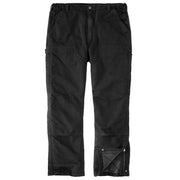 A pair of loose fitting black colored pants against a white background. The bottom leg unbuttons and unzips, revealing an insulated interior. 