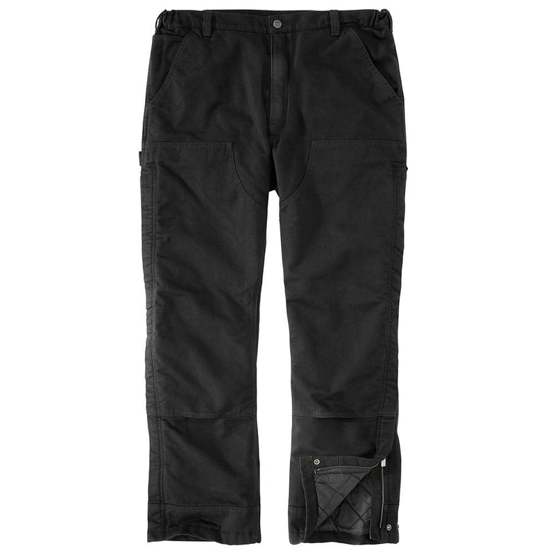 A pair of loose fitting black colored pants against a white background. The bottom leg unbuttons and unzips, revealing an insulated interior. 