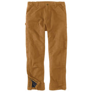 Back view of a pair of loose fitting Carhartt brown colored work pants against a white background. The pants open up on the sides from the bottom and show an insulated interior. 