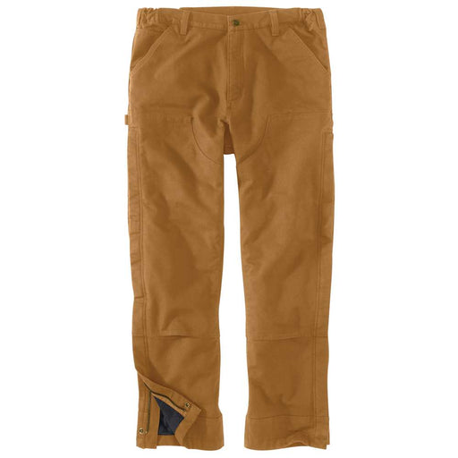 Back view of a pair of loose fitting Carhartt brown colored work pants against a white background. The pants open up on the sides from the bottom and show an insulated interior. 