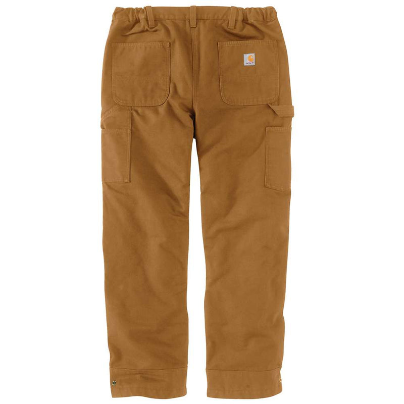 Back view of a pair of loose fitting Carhartt brown colored work pants against a white background. There are two pockets on the rear, as well as a small Carhartt logo. 