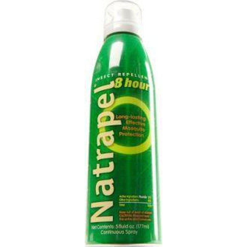 A green spray bottle of insect repellent on a white background