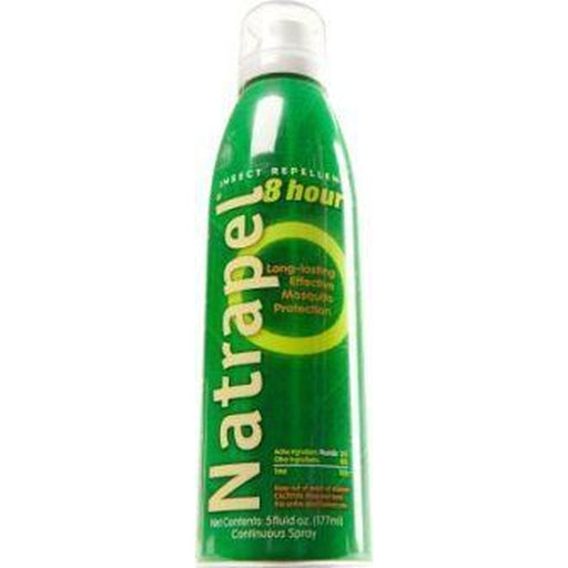 A green spray bottle of insect repellent on a white background