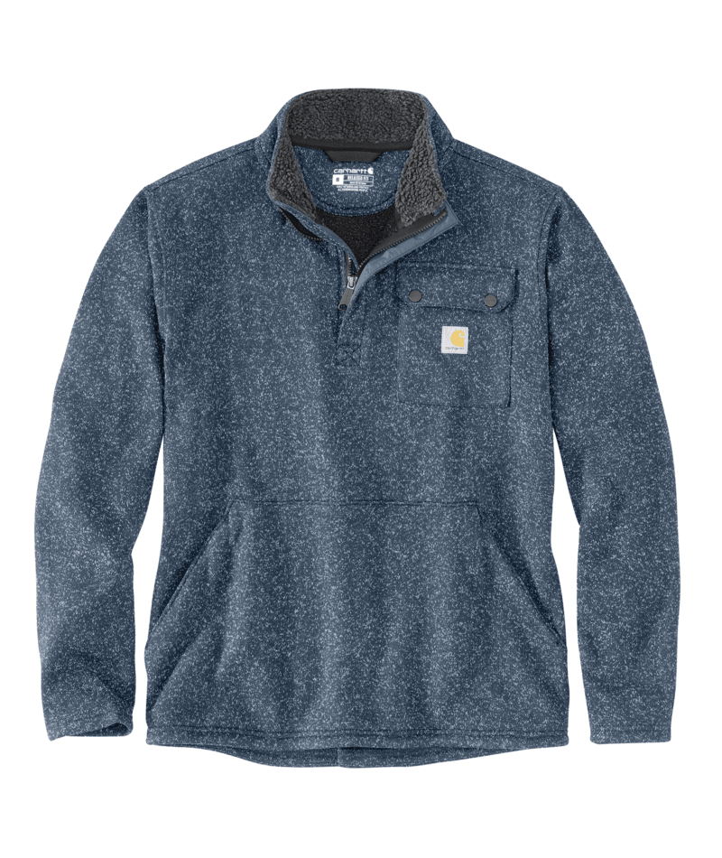 Faded navy colored fleece quarter zip jacket against a white background. The jacket has a chest pocket with a Carhartt logo on it, as well as a zippered pouch pocket towards the bottom. It also has grey colored fur lining the collar.