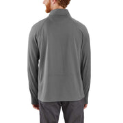 A man viewed from the back wearing a gray long-sleeve quarter-zip athletic pullover and dark gray pants, set against a plain white background.