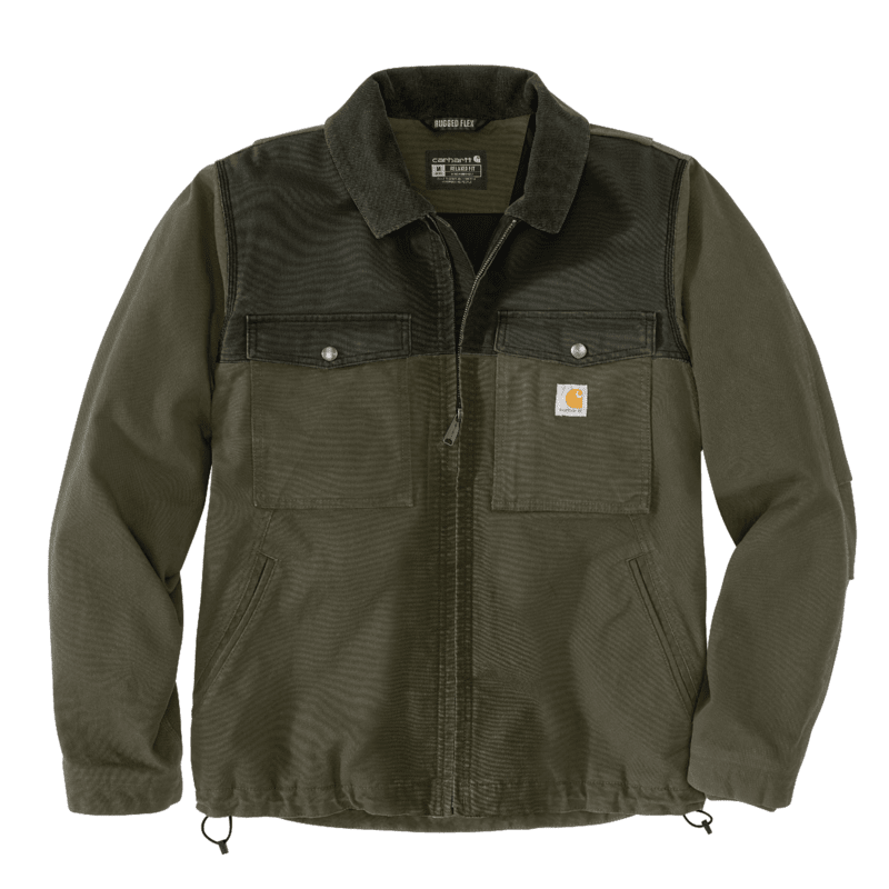 Moss colored insulated jacket against a white background. The jacket has two buttoned pockets on either side of the chest, as well as a Carhartt logo on the right pocket.