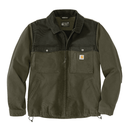 Moss colored insulated jacket against a white background. The jacket has two buttoned pockets on either side of the chest, as well as a Carhartt logo on the right pocket.
