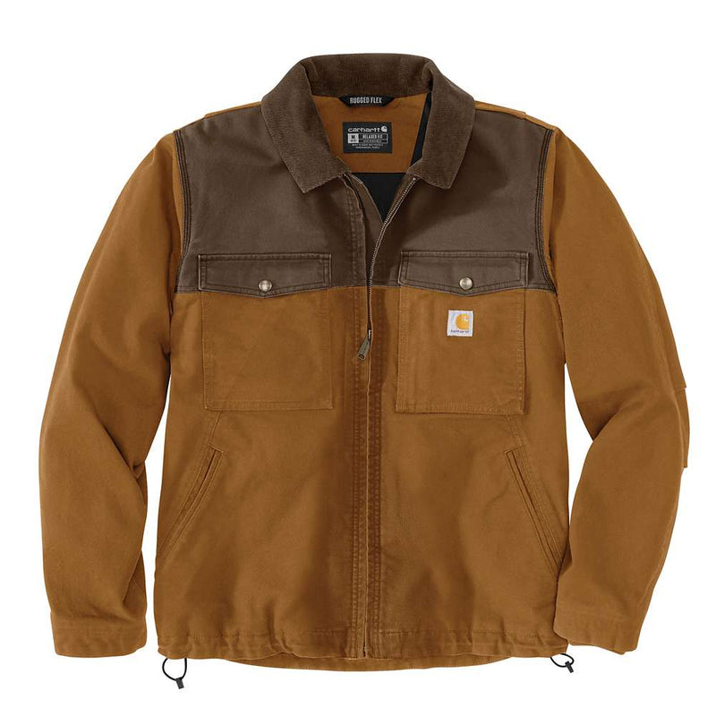 Men's brown insulated jacket against a white background. The jacket has two buttoned pockets on either side of the chest.