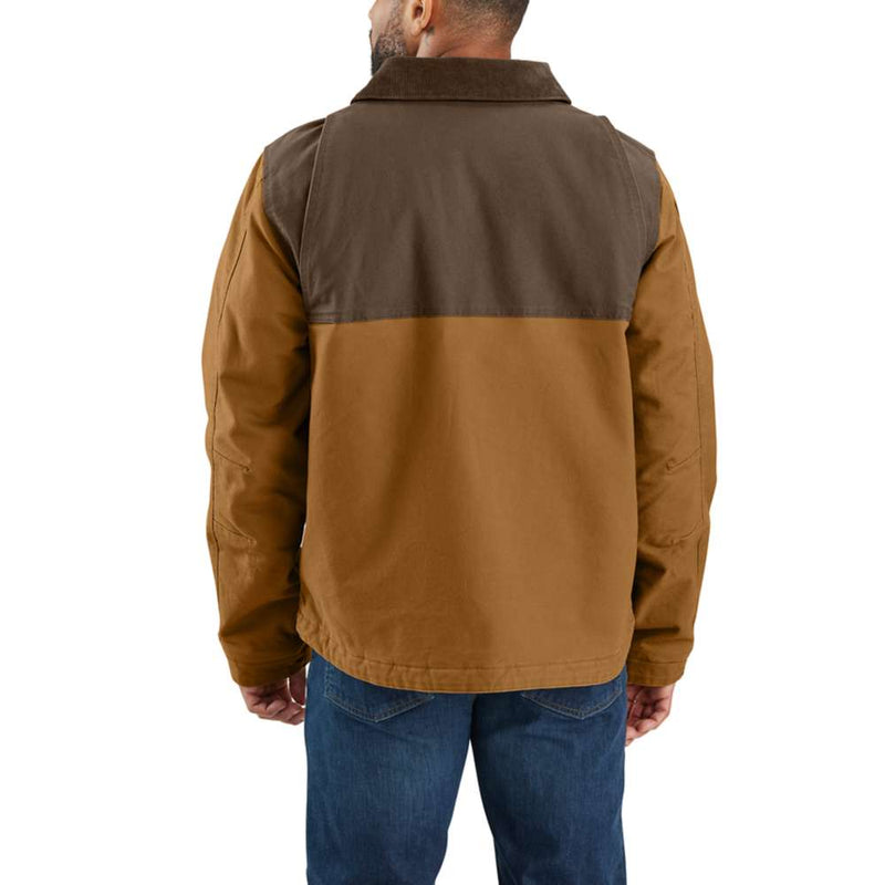 Back-view of a man wearing a brown colored duck-lined insulated jacket against a white background. 