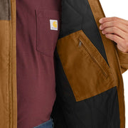 Man opening brown duck-lined insulated jacket to show off a zippered pocket on the inside of the jacket. 