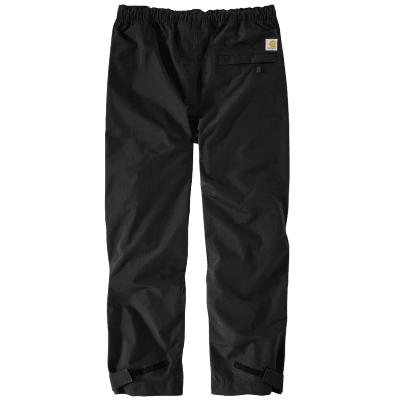 Black Carhartt pants with an elastic waistband, a side pocket, and adjustable cuffs, shown against a white background with green borders.