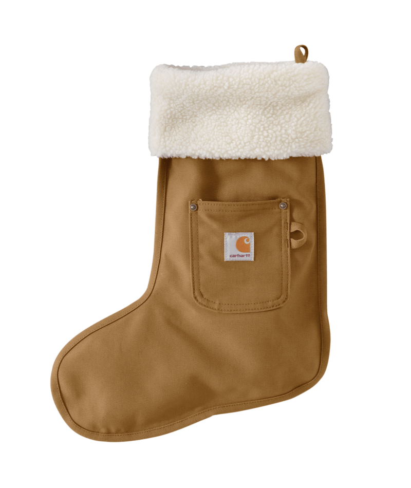 Brown Holiday stocking with Carhartt logo against a white background. 