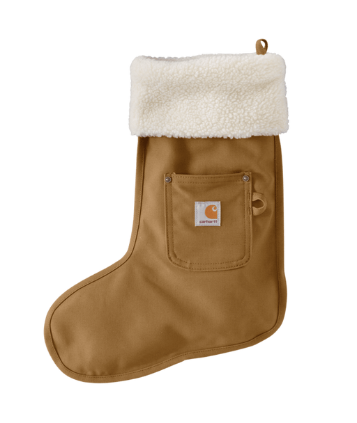 Brown Holiday stocking with Carhartt logo against a white background. 