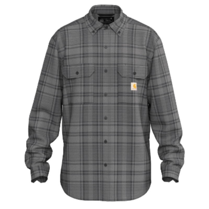 A gray and black plaid long-sleeve button-up shirt with two chest pockets, shown on a solid green background. A small Carhartt brand tag is visible on the left chest pocket.