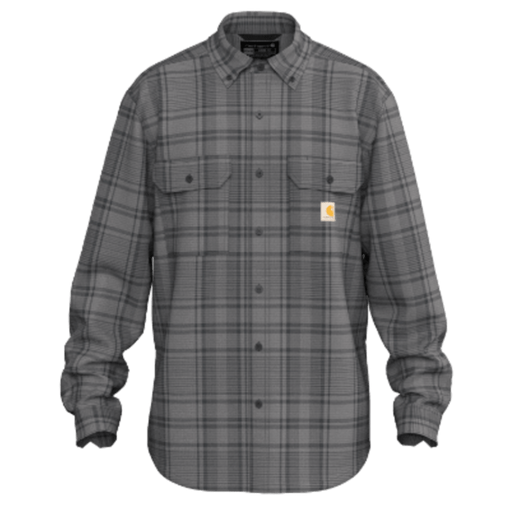 A gray and black plaid long-sleeve button-up shirt with two chest pockets, shown on a solid green background. A small Carhartt brand tag is visible on the left chest pocket.