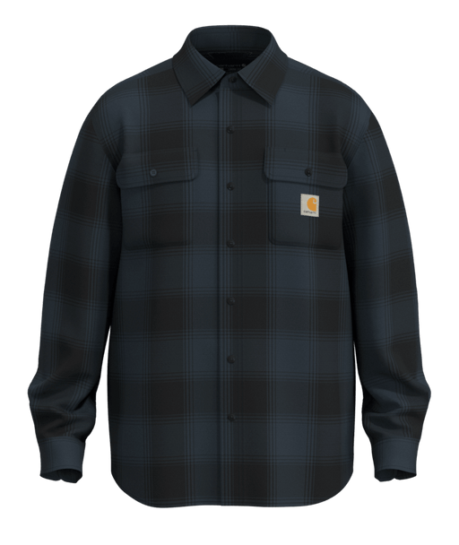 A dark navy and black plaid button-up shirt jacket by Carhartt, featuring two chest flap pockets and the signature Carhartt logo patch on the left chest, set against a solid green background.