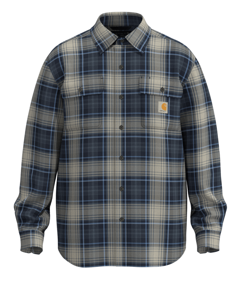 A long-sleeve button-up plaid shirt by Carhartt, featuring a navy, gray, and beige plaid pattern with a small orange and white Carhartt logo patch on the left chest pocket.