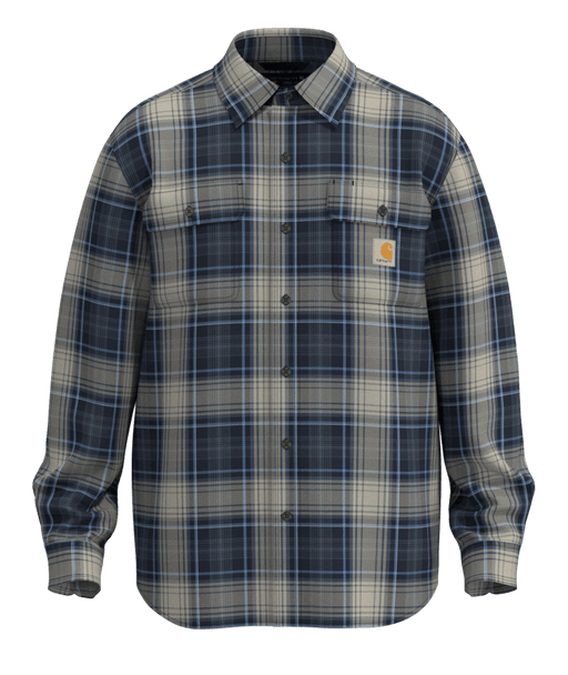 A long-sleeve button-up plaid shirt by Carhartt, featuring a navy, gray, and beige plaid pattern with a small orange and white Carhartt logo patch on the left chest pocket.