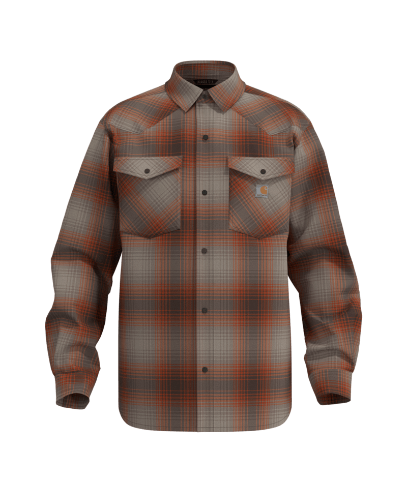 A long-sleeve plaid button-up shirt with two chest pockets, shown on a solid green background. The pattern features a mix of brown, orange, gray, and beige tones.