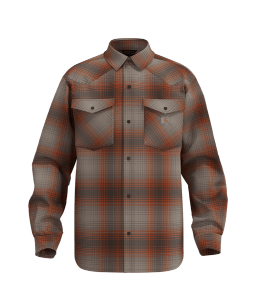A long-sleeve plaid button-up shirt with two chest pockets, shown on a solid green background. The pattern features a mix of brown, orange, gray, and beige tones.