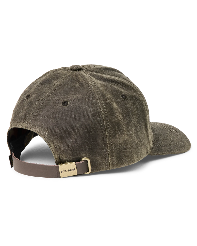 Back view of a dark green baseball cap featuring a Filson logo against a white background. 