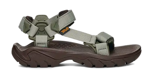Side view of a dark brown sandal with green straps on a white background.